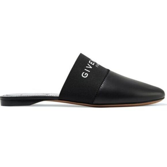 Givenchy Mule Bedford Black Leather White Logo Backless Slide Slip On Flat 36.5 - Picture 1 of 4
